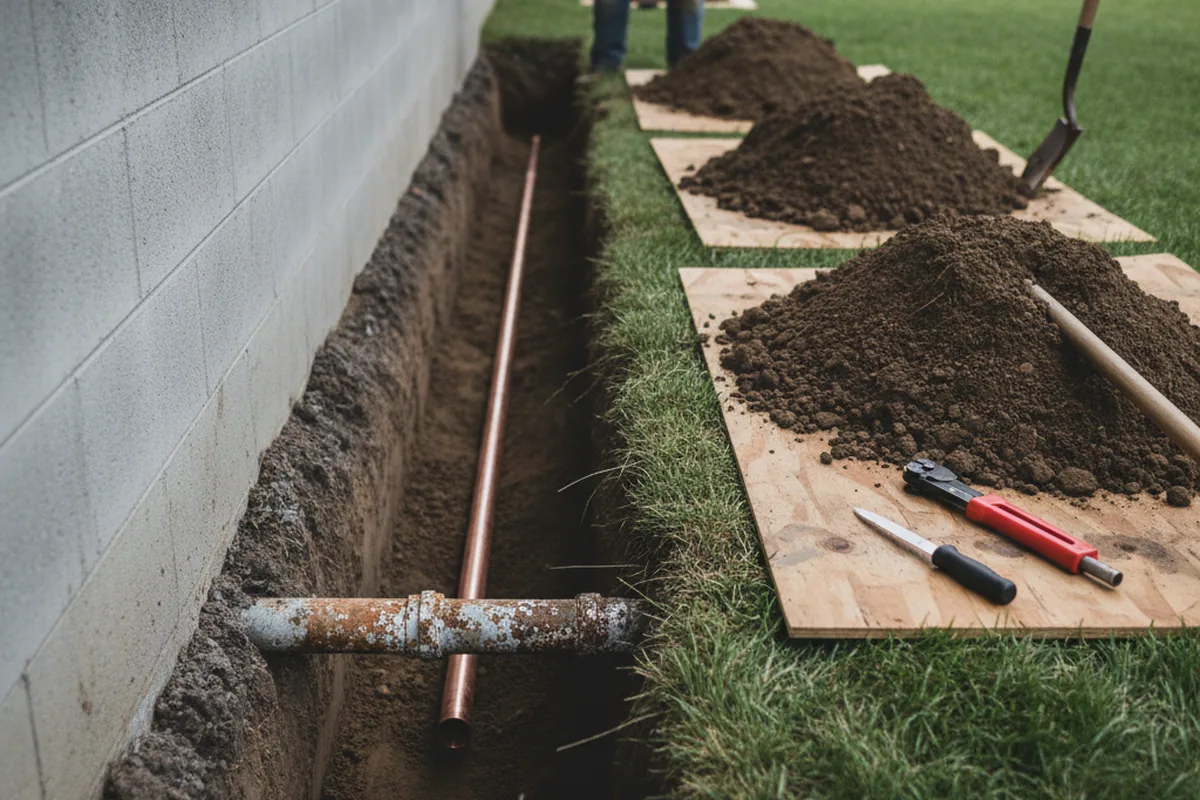 Excavated water line trench during Sewer Line Repair in Mokena